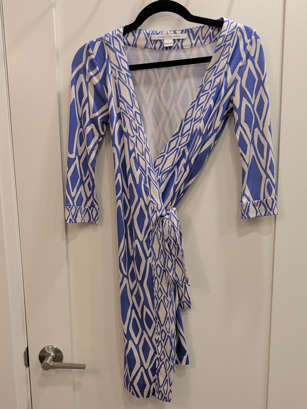 Diane Von Furstenberg Blue and White Geometric Wrap Midi Dress